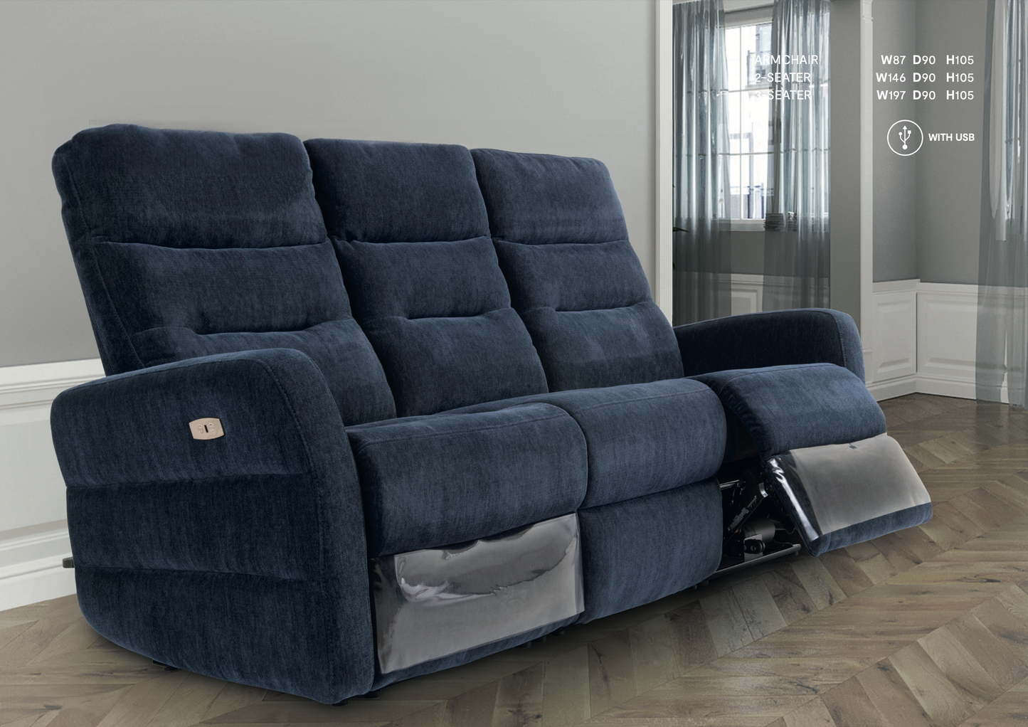 Baladena Herringbone Fabric Recliner Sofa - 3 colours option