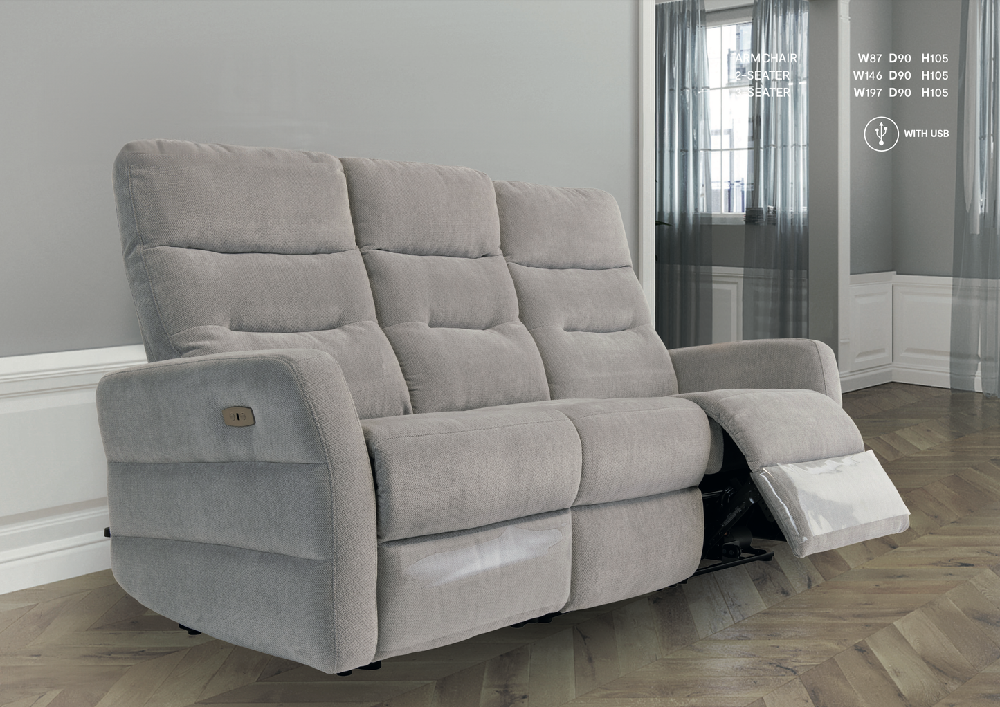 Baladena Herringbone Fabric Recliner Sofa - 3 colours option