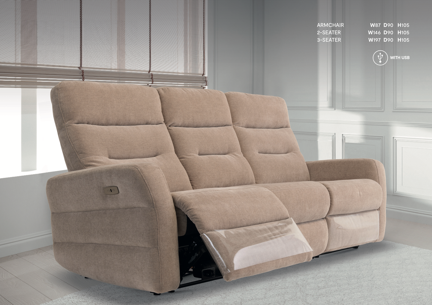 Baladena Herringbone Fabric Recliner Sofa - 3 colours option