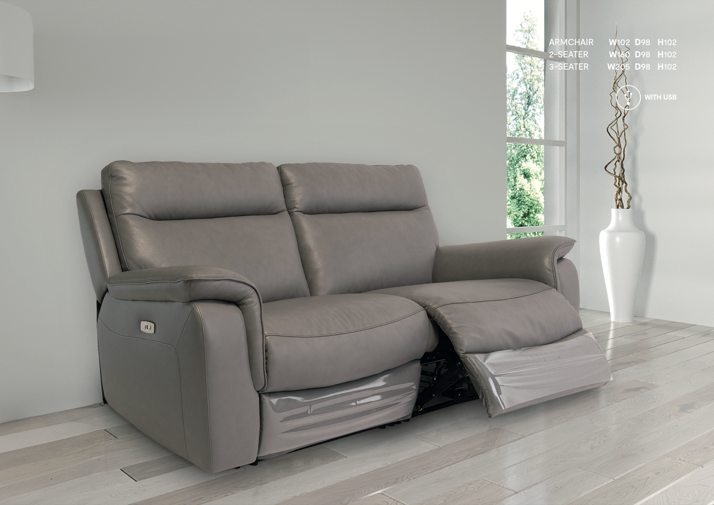 Salvatori Grey Leather Recliner Sofa