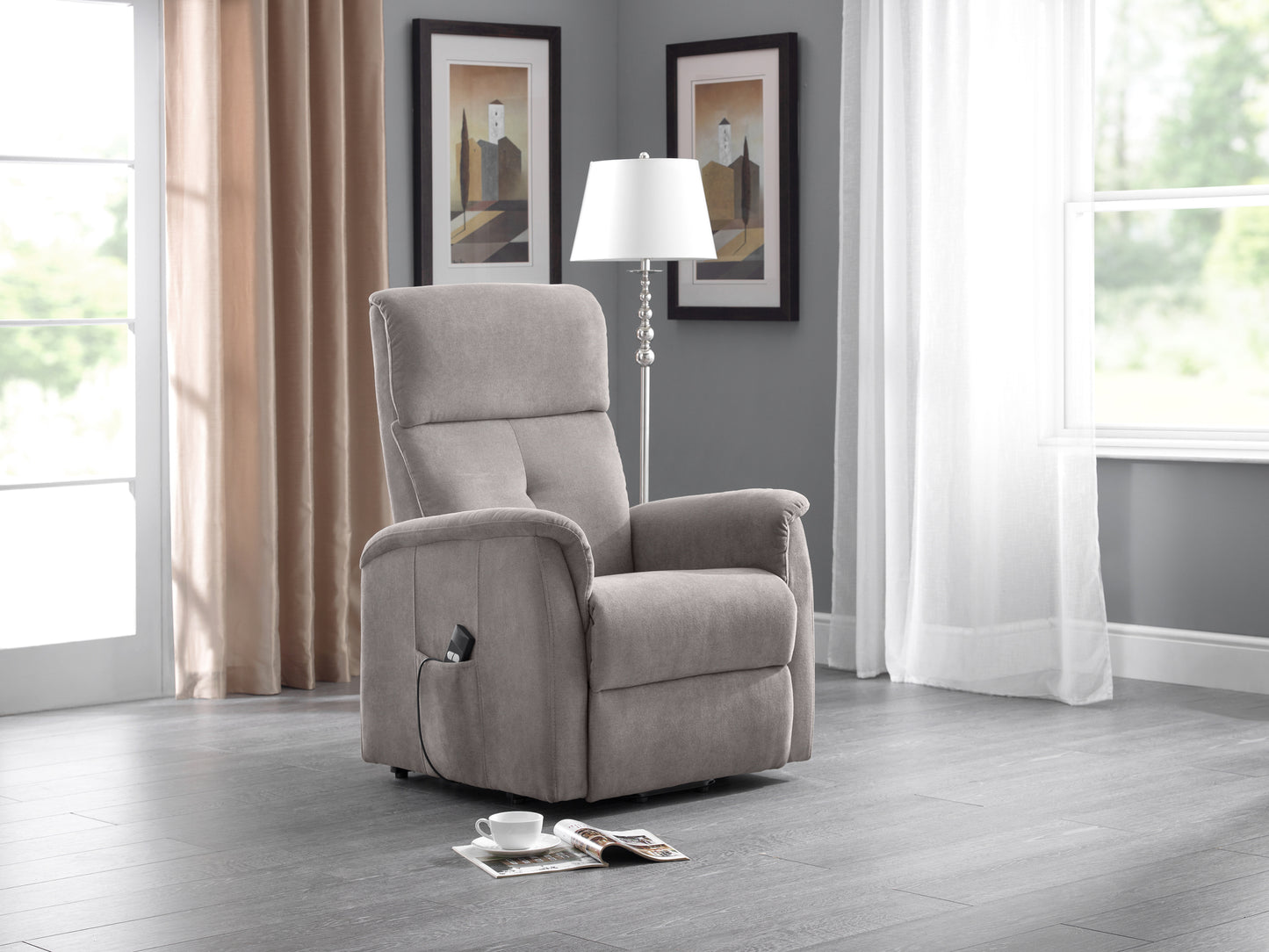 AVA RISE AND RECLINE CHAIR TAUPE FABRIC