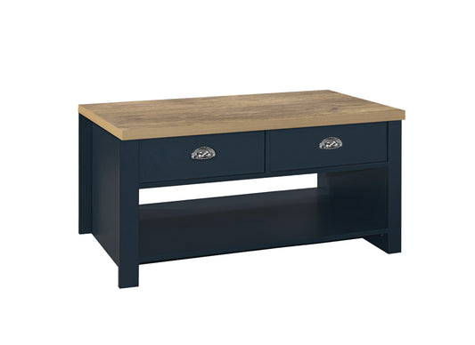 Highgate 2 Drawer Coffee Table Navy Blue & Oak